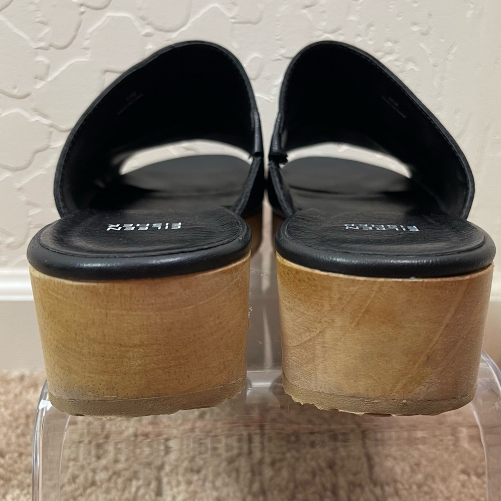 Eileen Fisher Size 11 Novel Black Leather Platform Wooden Clog Slide Sandals - Picture 5 of 16